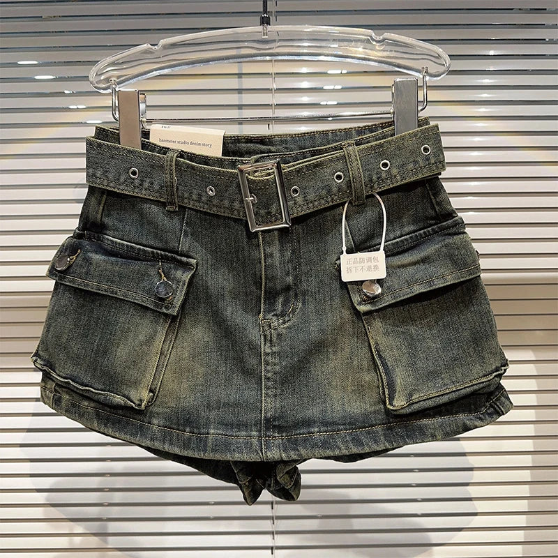 Short saia jeans cargo Y2K