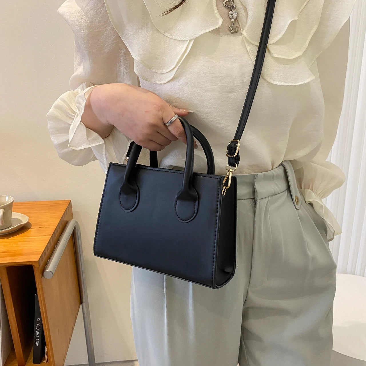 Minimalist Black Small square Bag, All-Match Top Handle Purse, Classic Shoulder Bag For Work.